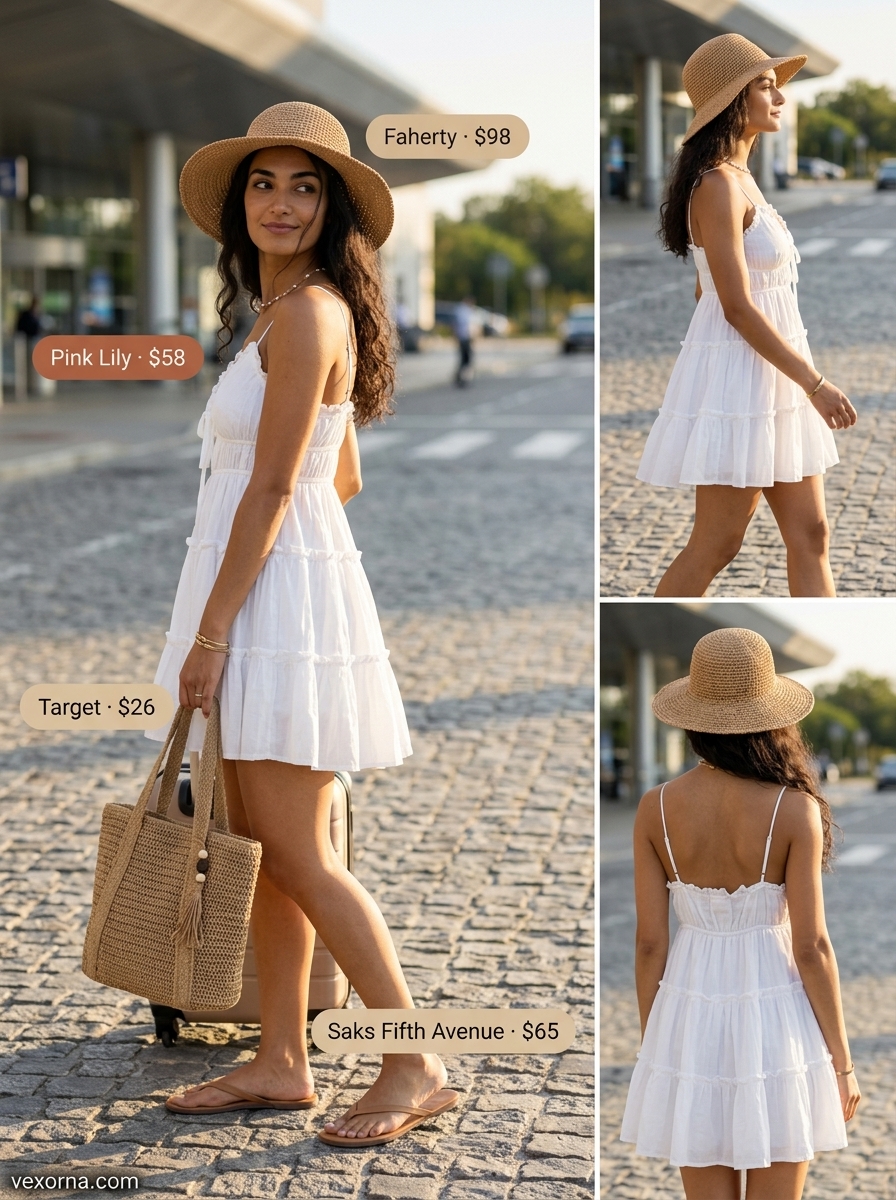Summer Solo Travel Outfits for Women 2026: Boho beach cover-up with cotton gauze dress, straw hat, and leather slides.