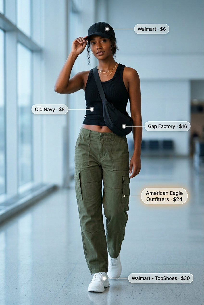 Summer Solo Travel Outfits for Women 2026: Khaki cargo pants, black tank top, and sneakers for weekend style.