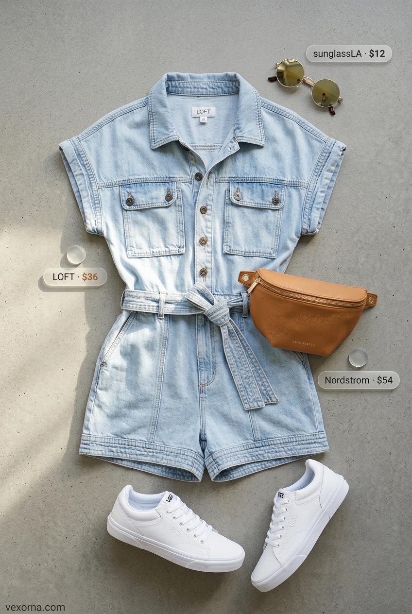 Summer Solo Travel Outfits for Women 2026: Chic denim romper, white sneakers, and tan belt bag for exploring.