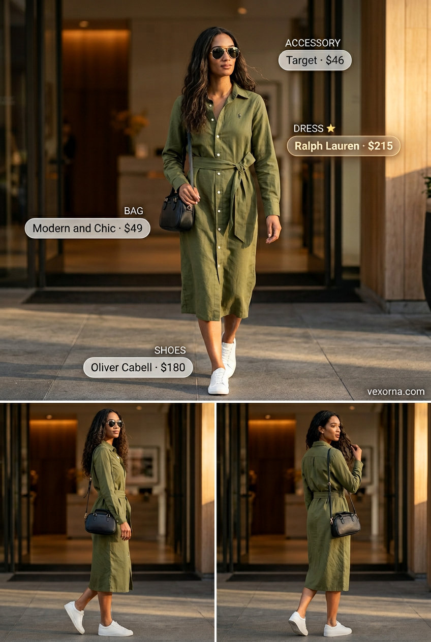 Summer Solo Travel Outfits for Women 2026: Olive green midi shirt dress, white sneakers, and crossbody bag.