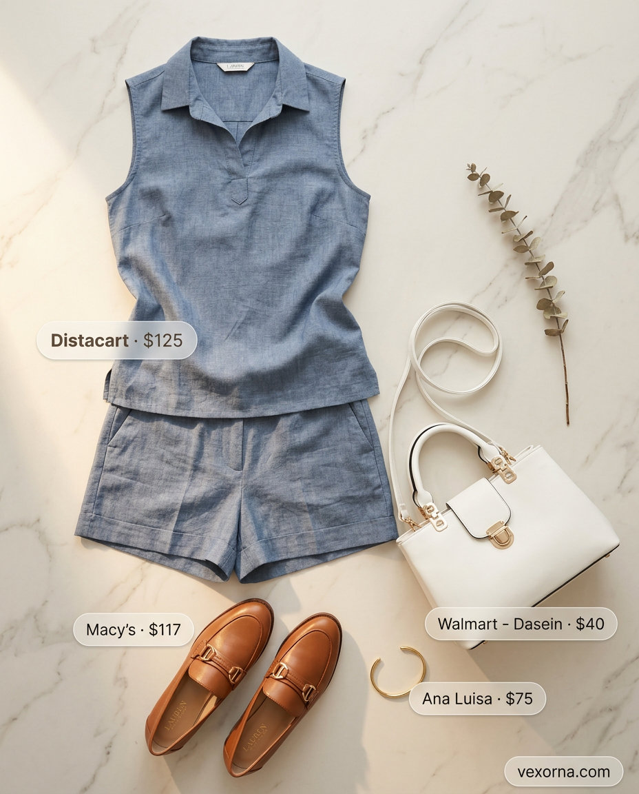 Summer Solo Travel Outfits for Women 2026: Navy linen shorts set with white tote and loafers for city sightseeing.