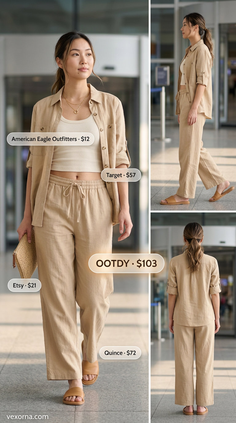 Summer Solo Travel Outfits for Women 2026: Coastal linen set with button-down shirt, wide-leg pants, and slides.