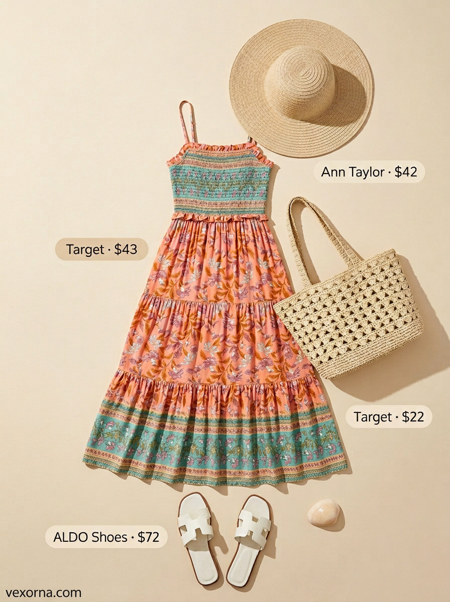 Summer Solo Travel Outfits for Women 2026: Coral floral maxi dress with straw hat and tote for beach vacation style.