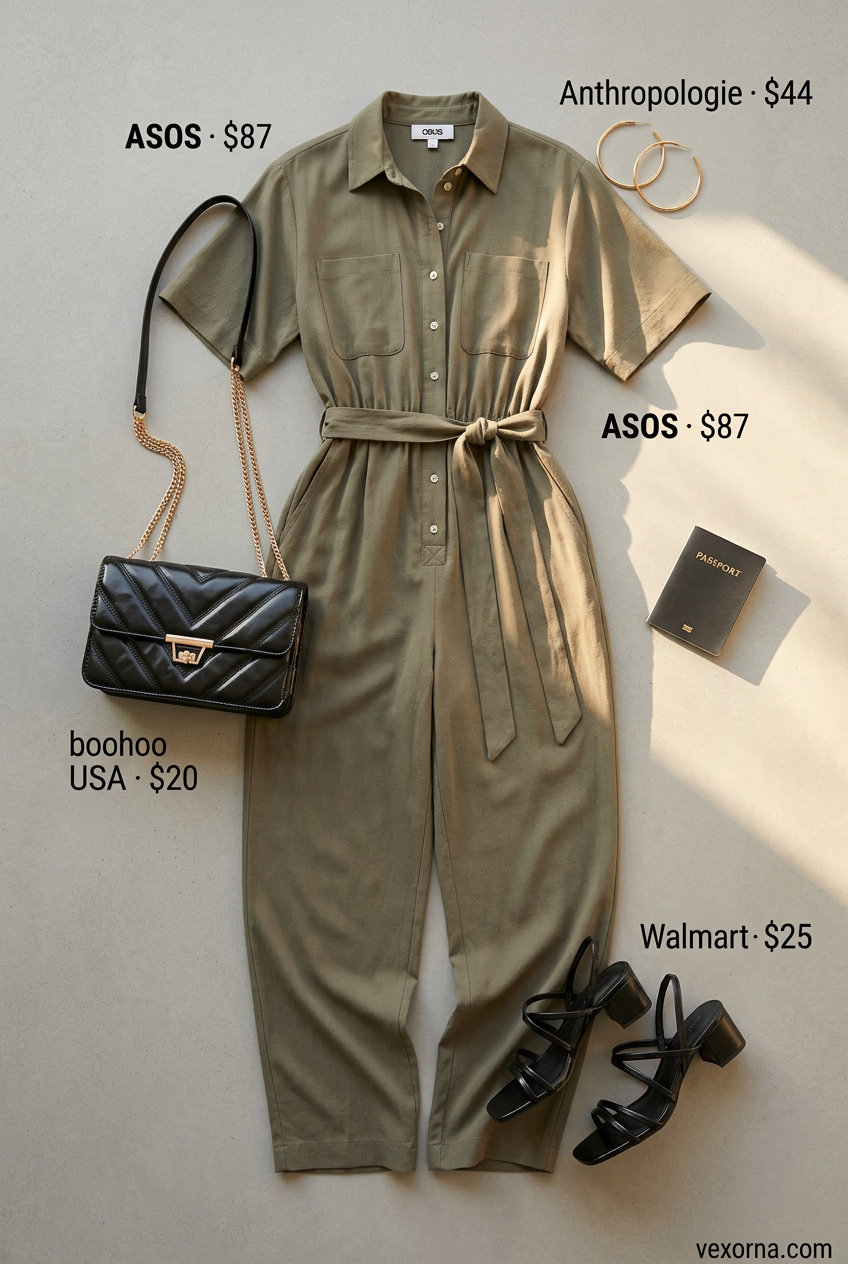 Summer Solo Travel Outfits for Women 2026: Olive green utility jumpsuit with black sandals for a chic evening out.