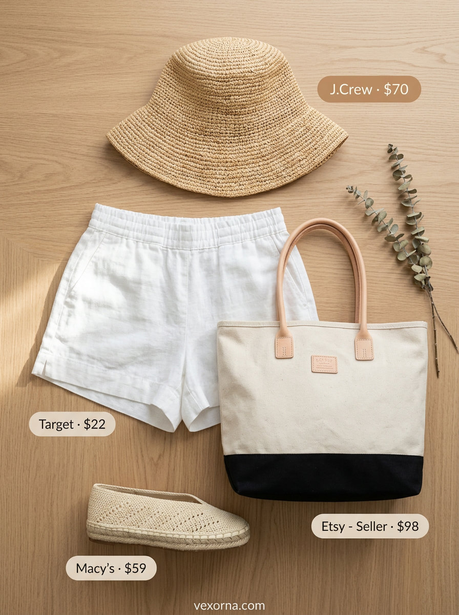 Summer Solo Travel Outfits for Women 2026: Relaxed linen shorts, oversized shirt, espadrilles, and straw hat.