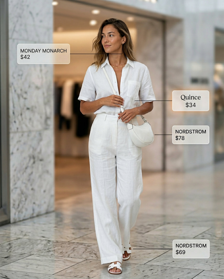 Summer Solo Travel Outfits for Women 2026: Monochrome white linen set with shirt, shorts, slides, and crossbody.