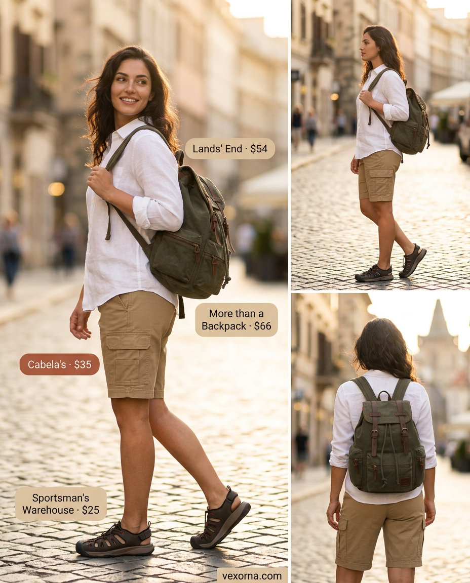 Summer Solo Travel Outfits for Women 2026: Khaki cargo shorts, white linen shirt, and walking sandals for a safari adventure.