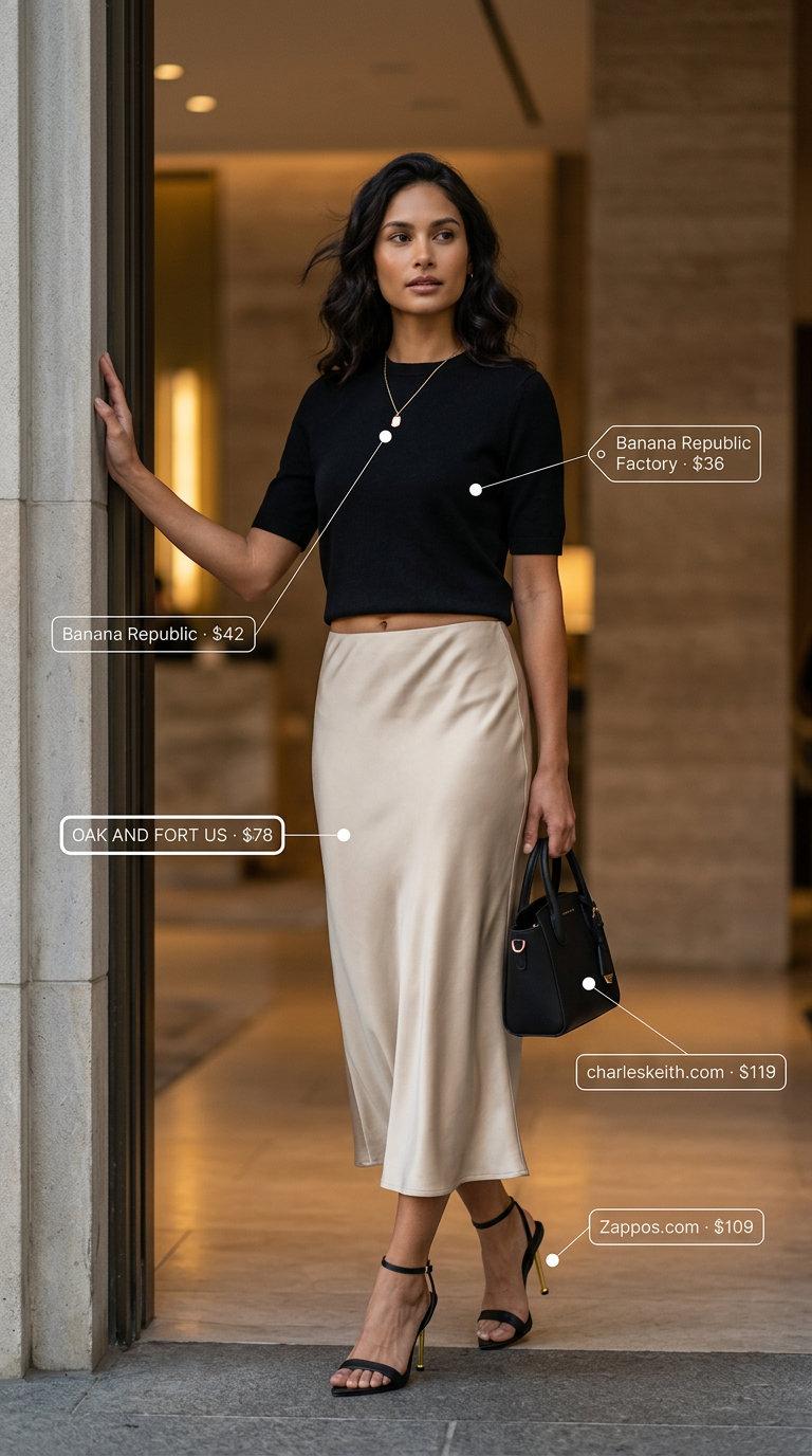 Summer Solo Travel Outfits for Women 2026: Champagne satin slip skirt with black sweater and heels for an elegant evening.