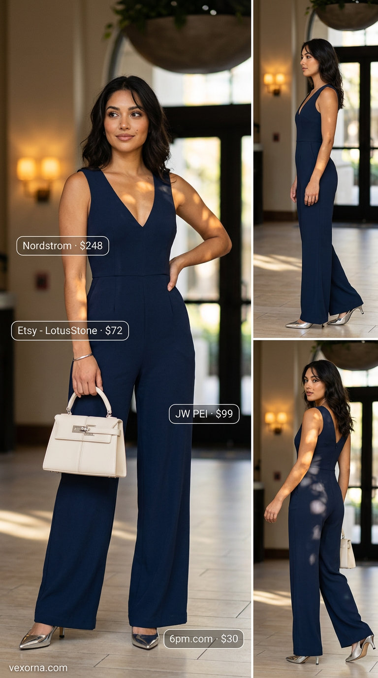 Summer Solo Travel Outfits for Women 2026: Navy wide-leg jumpsuit with silver heels and structured bag for travel.