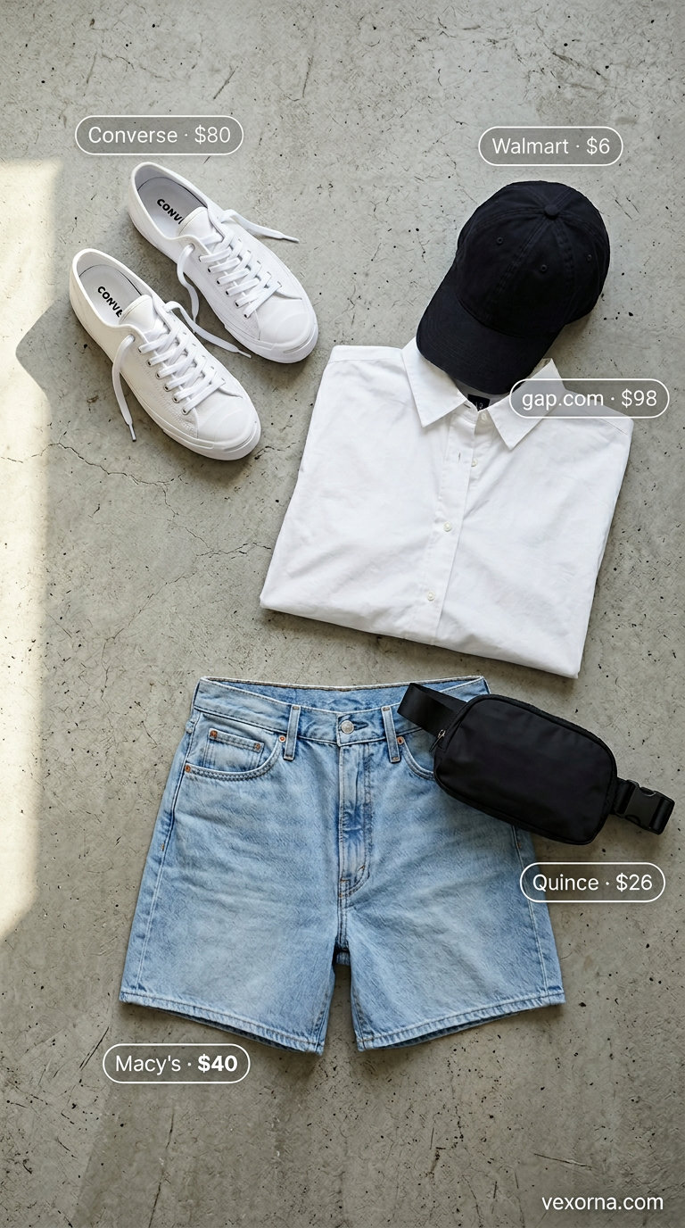 Summer Solo Travel Outfits for Women 2026: Denim shorts, oversized white shirt, and sneakers for urban exploration.