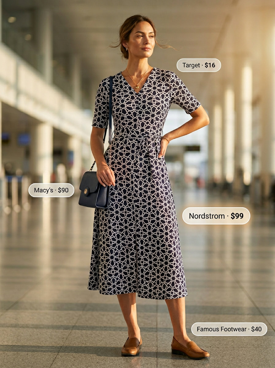 Summer Solo Travel Outfits for Women 2026: Navy geometric wrap dress, beige loafers, and crossbody bag.