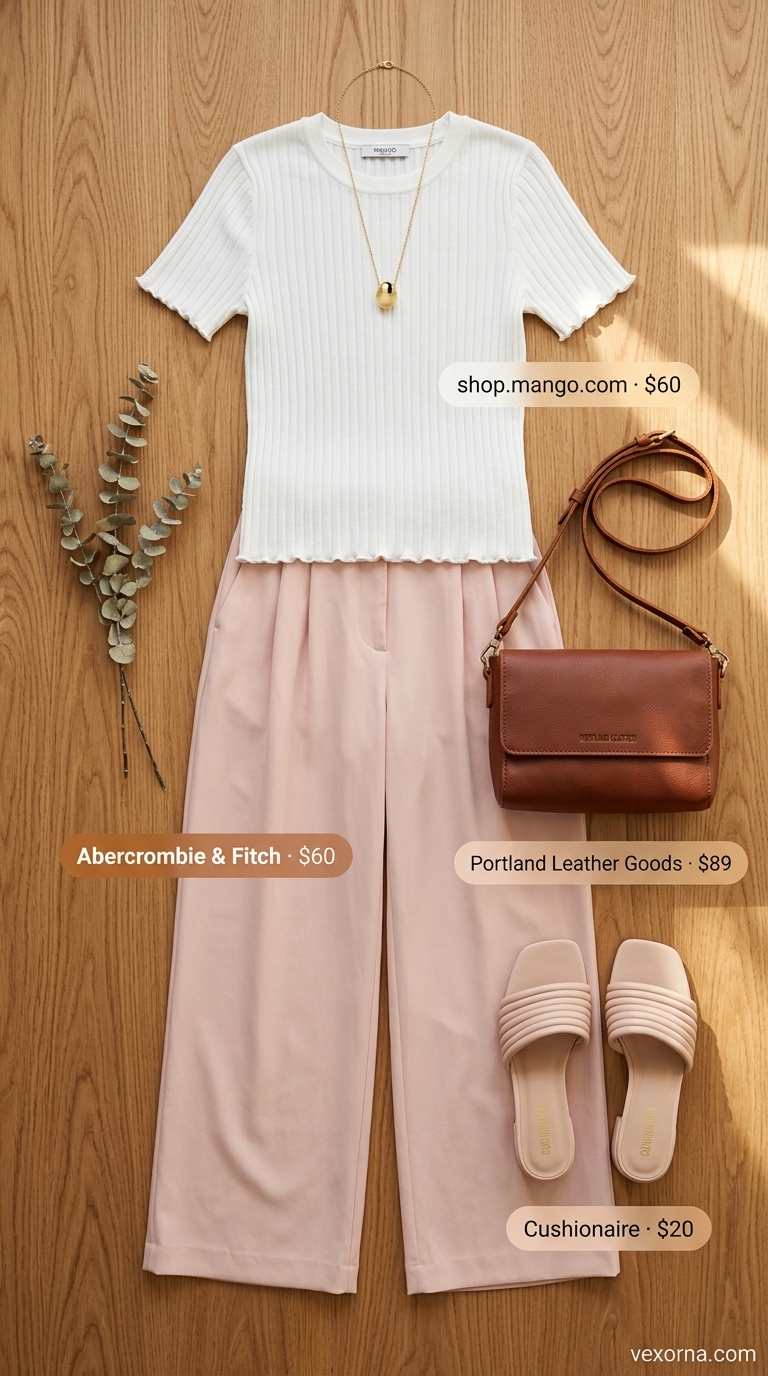 Summer Solo Travel Outfits for Women 2026: Blush pink wide-leg pants with cream top and sandals for a weekend getaway.