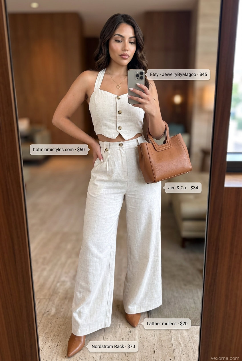 Minimalist cream wide-leg matching set for summer sunset dinner 2026, chic and polished.