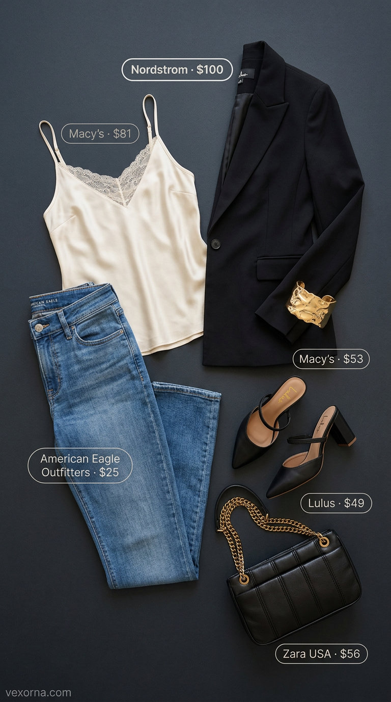 Chic denim outfit for summer sunset dinner 2026: Medium wash jeans, ivory cami, black blazer, gold jewelry.