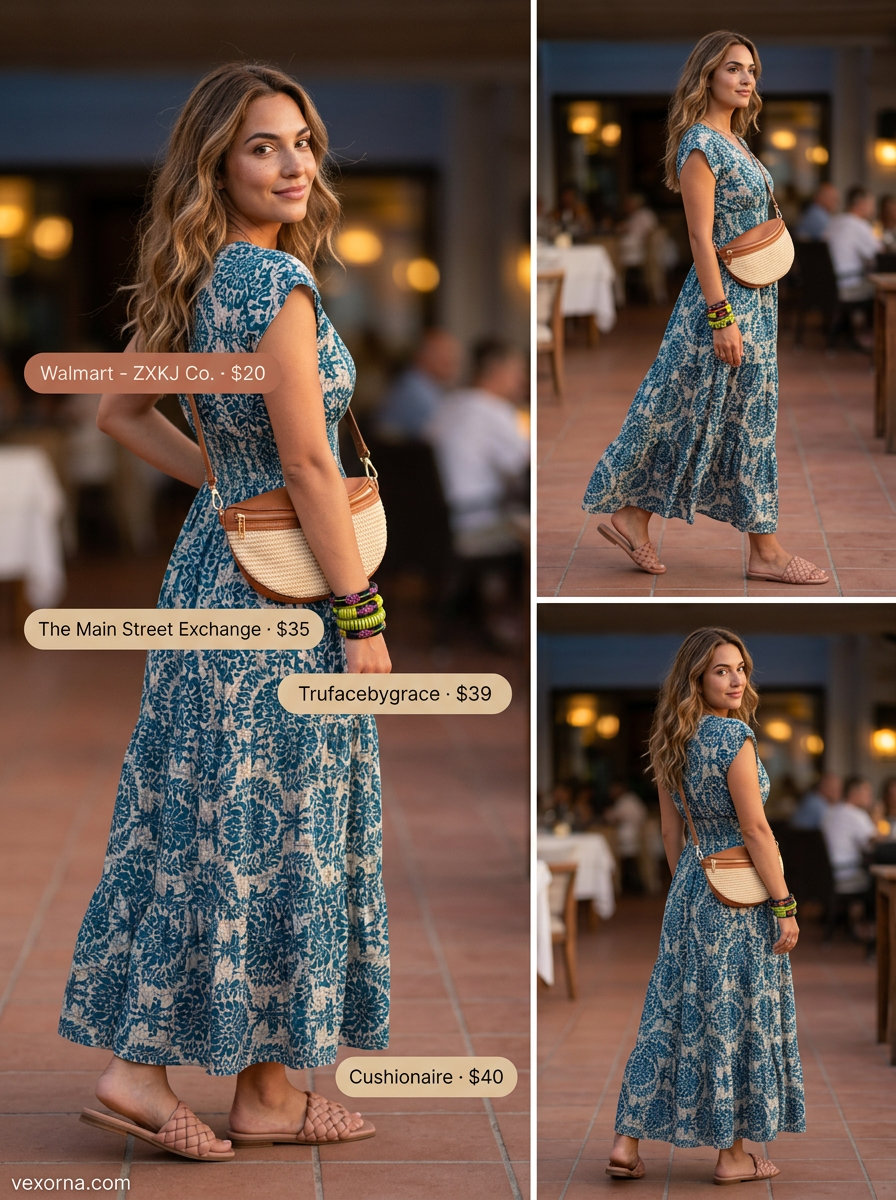 Bohemian teal floral maxi dress for summer sunset dinner 2026, romantic and effortless.