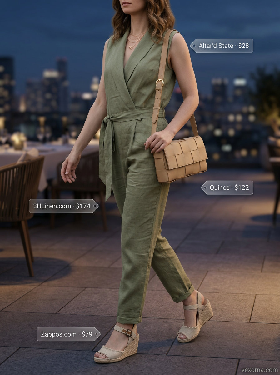 Chic olive green linen jumpsuit for summer sunset dinner 2026, comfortable and polished.
