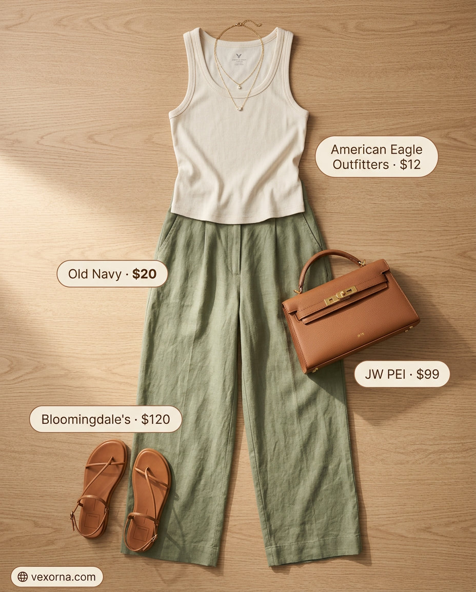 Relaxed sage green linen pants outfit for summer sunset dinner 2026, elegant and serene.