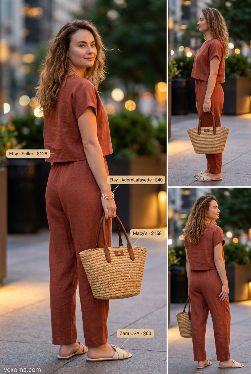 Earthy terracotta linen matching set for summer sunset dinner 2026, relaxed and chic.