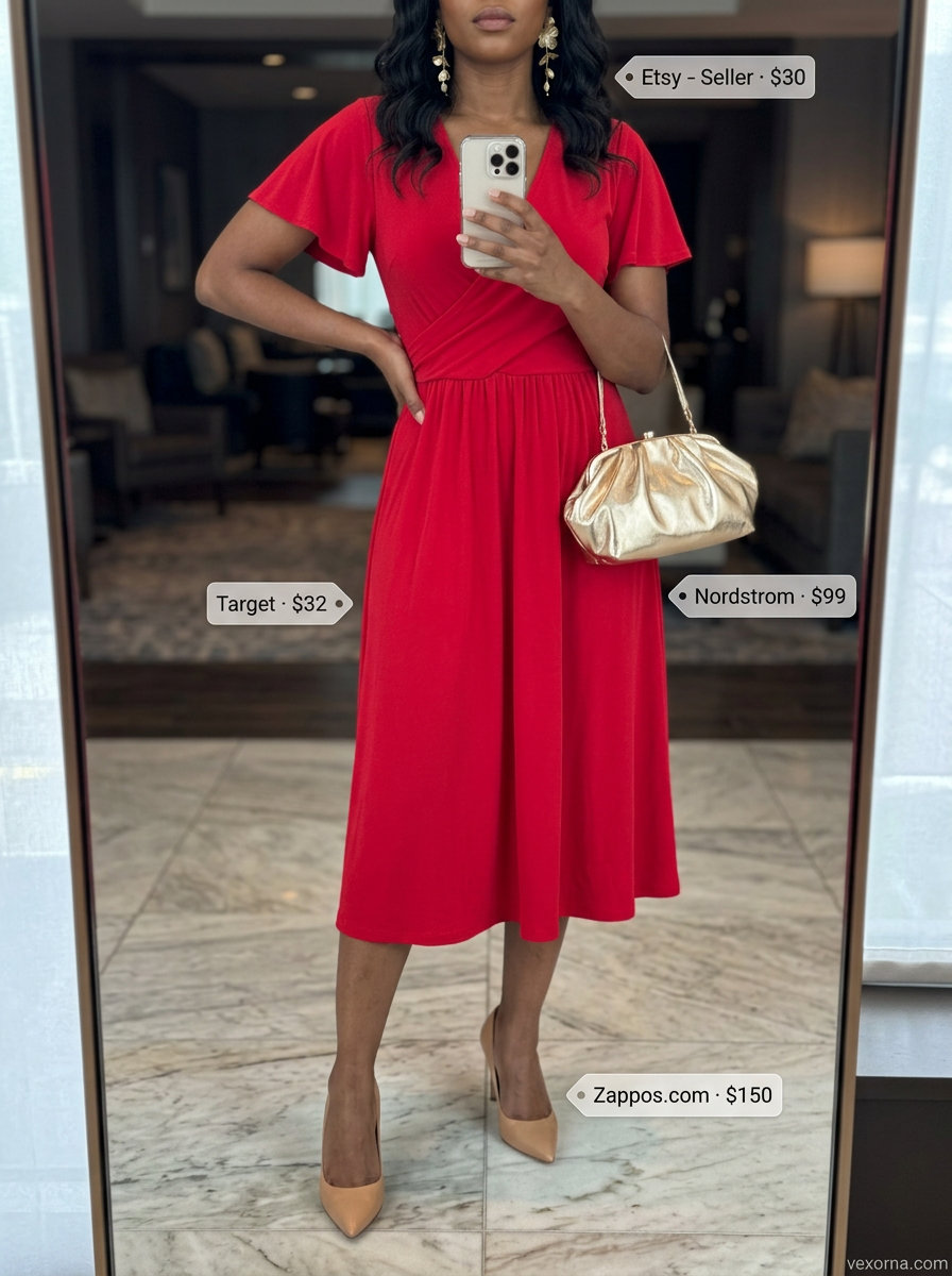 Elegant crimson red wrap dress for summer sunset dinner 2026, paired with gold accessories.