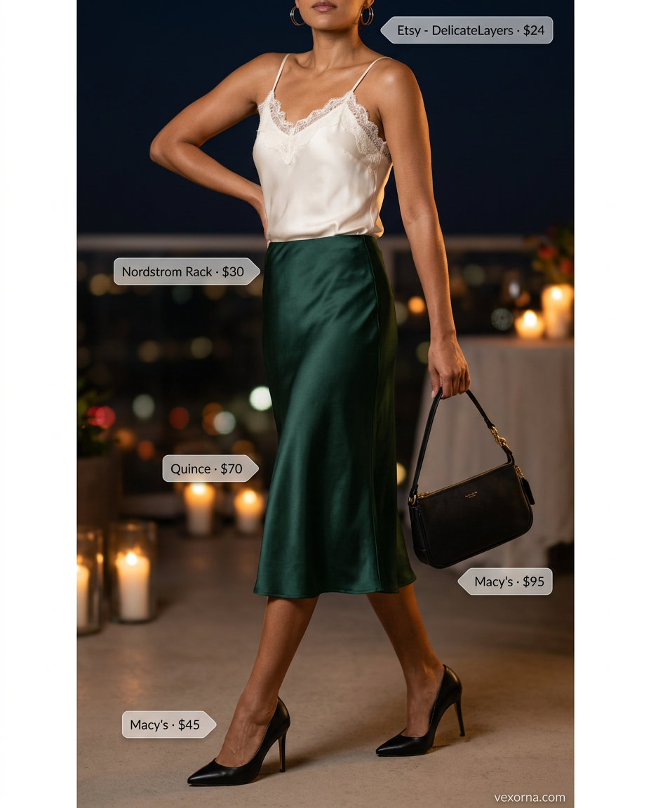 Sophisticated emerald green satin slip skirt outfit for summer sunset dinner 2026.
