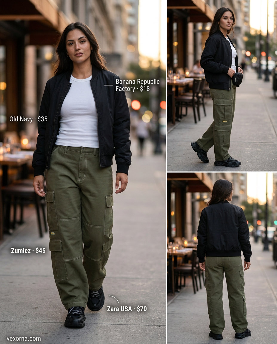 Trendy olive green cargo pants and white tank for summer sunset dinner outfits 2026, perfect for casual evenings.