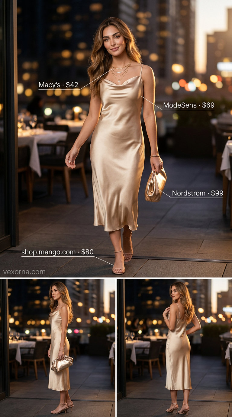 Elegant champagne satin slip dress for summer sunset dinner outfits 2026, ideal for romantic evenings and soirees.