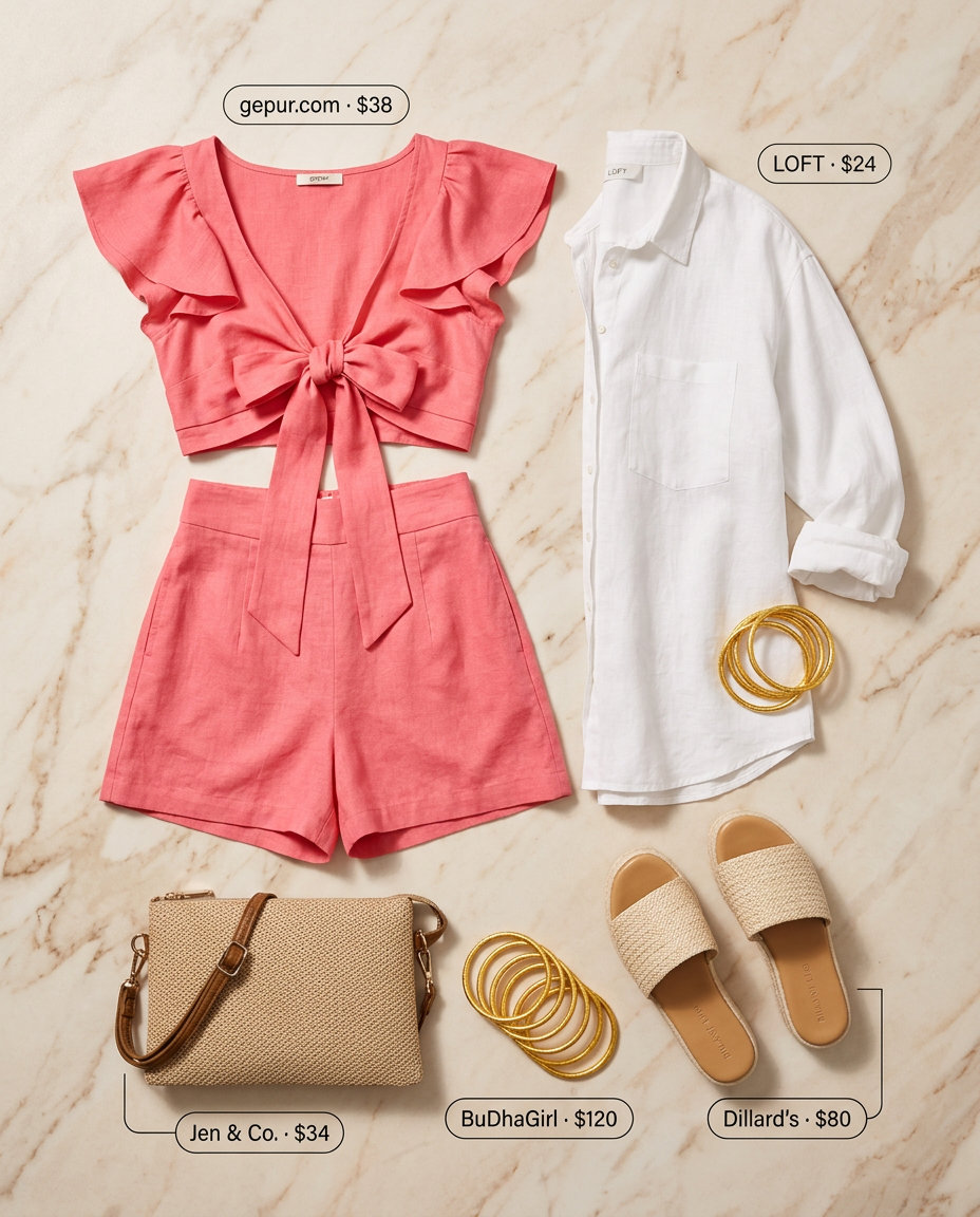 Chic coral pink co-ord set for summer sunset dinner outfits 2026, offering a polished and relaxed resort wear vibe.