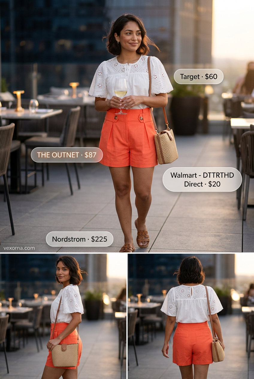Playful coral shorts and white eyelet blouse for summer sunset dinner outfits 2026, great for patio dining.