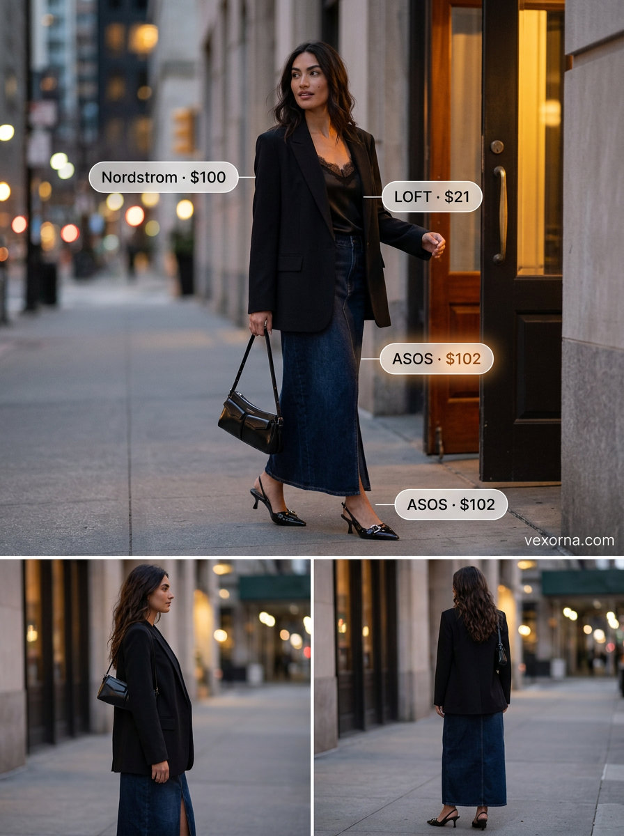 Chic dark wash denim maxi skirt and black blazer for summer sunset dinner outfits 2026, perfect for smart casual events.