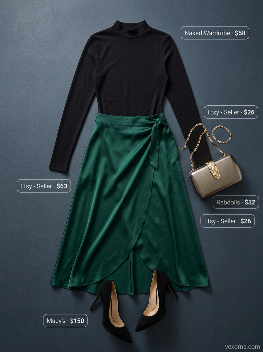 Elegant emerald green satin midi skirt for summer sunset dinner outfits 2026, ideal for cocktail events and date nights.