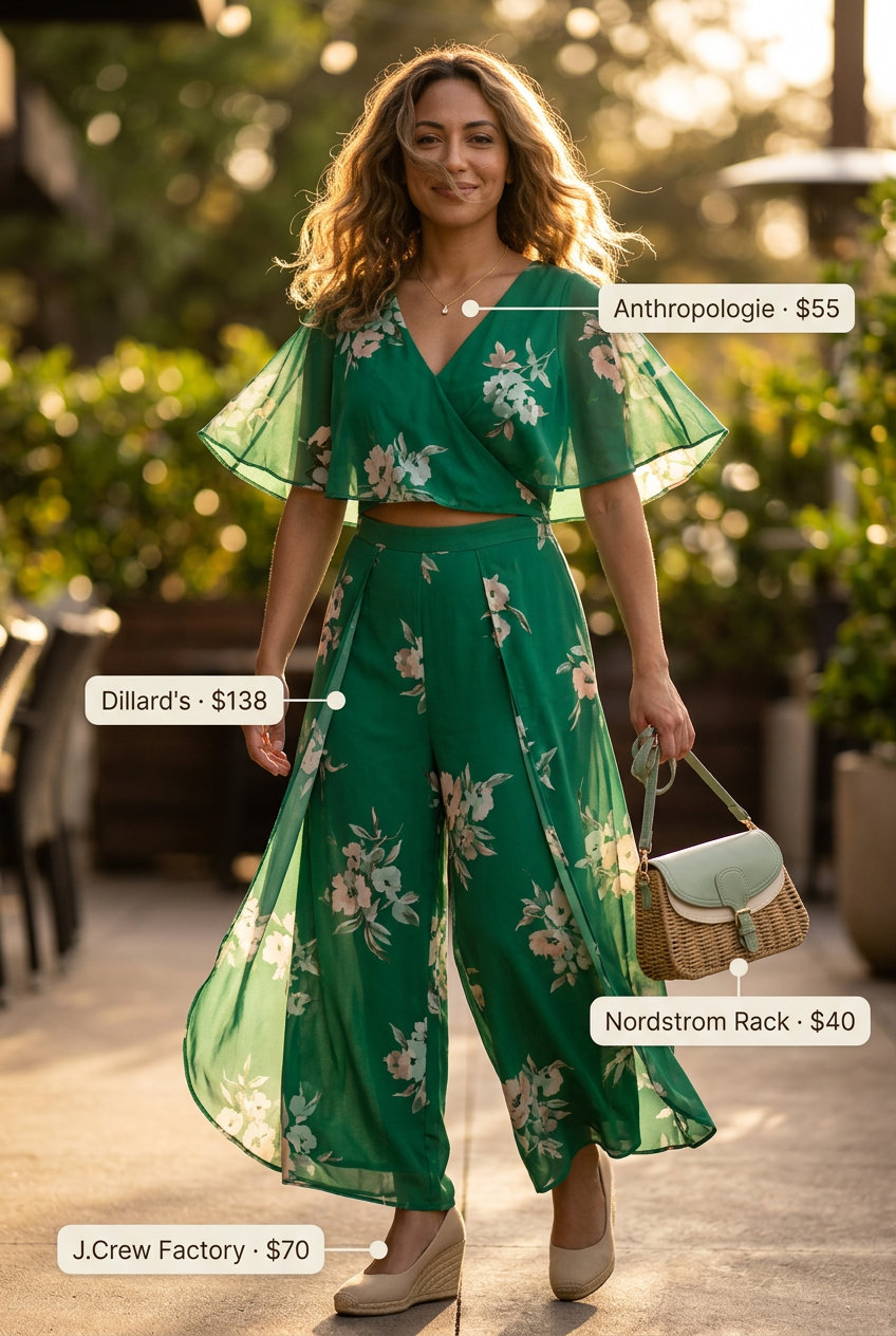 Romantic floral jumpsuit for summer sunset dinner outfits 2026, perfect for garden parties and casual evenings.