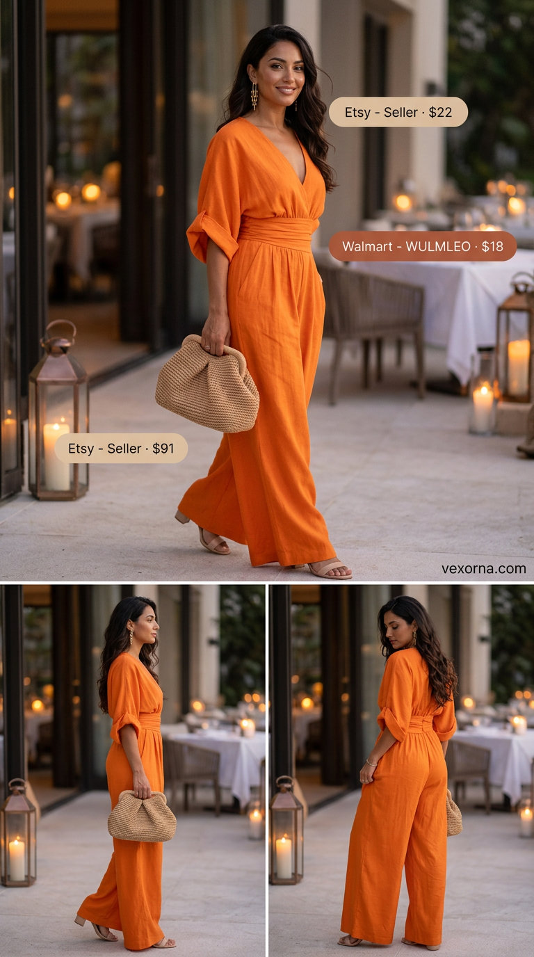Vibrant sunset orange jumpsuit for summer sunset dinner outfits 2026, a sophisticated choice for cocktail hour.