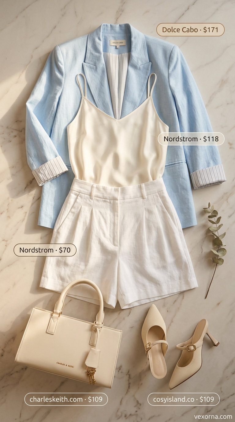 Chic white shorts and pastel blue blazer for summer sunset dinner outfits 2026, perfect for smart casual events.