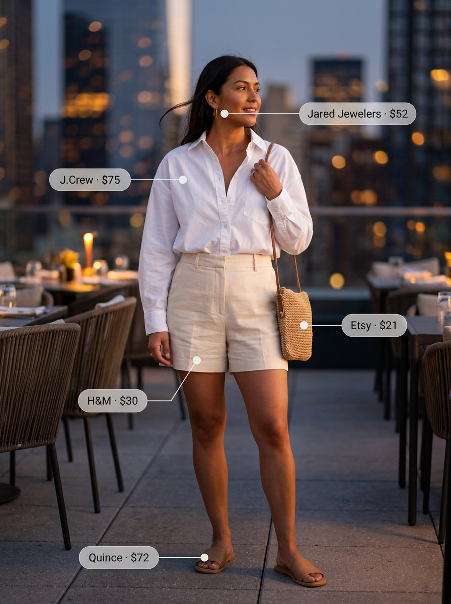 Effortless white button-down shirt and beige shorts for summer sunset dinner outfits 2026, ideal for relaxed evenings.