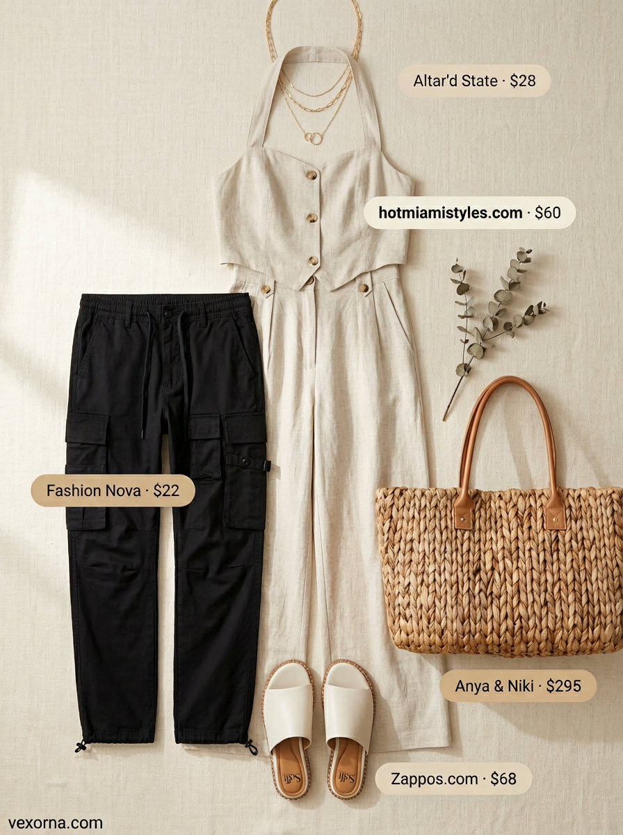 Summer Vacation Outfit 2026: Sand beige linen set with wide-leg pants and cropped top, paired with leather sandals.