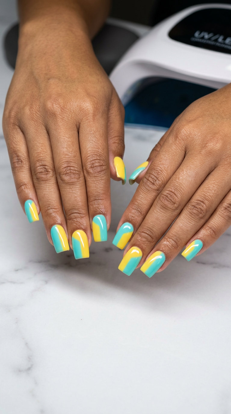Color Block Aqua Yellow Nails 2026 Summer solstice color block nails for bold summer vibes nails 2026, perfect for festivals and vacations.