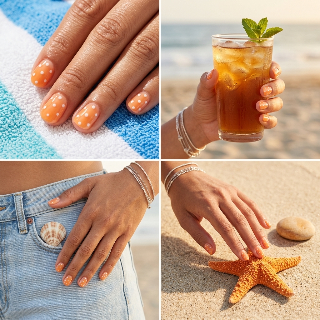 Coral Dewdrop Dots Nails 2026 Coral Dewdrop Dots oval nails for summer vibes nails 2026. Milky white base with sheer coral jelly dots for fresh fun.