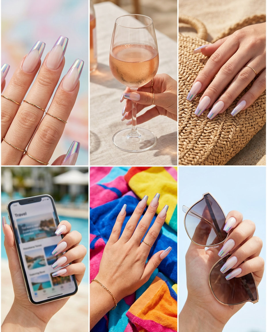 Chrome French Coffin Nails 2026 Cosmic chrome French nails for futuristic summer vibes nails 2026, ideal for parties and festivals.
