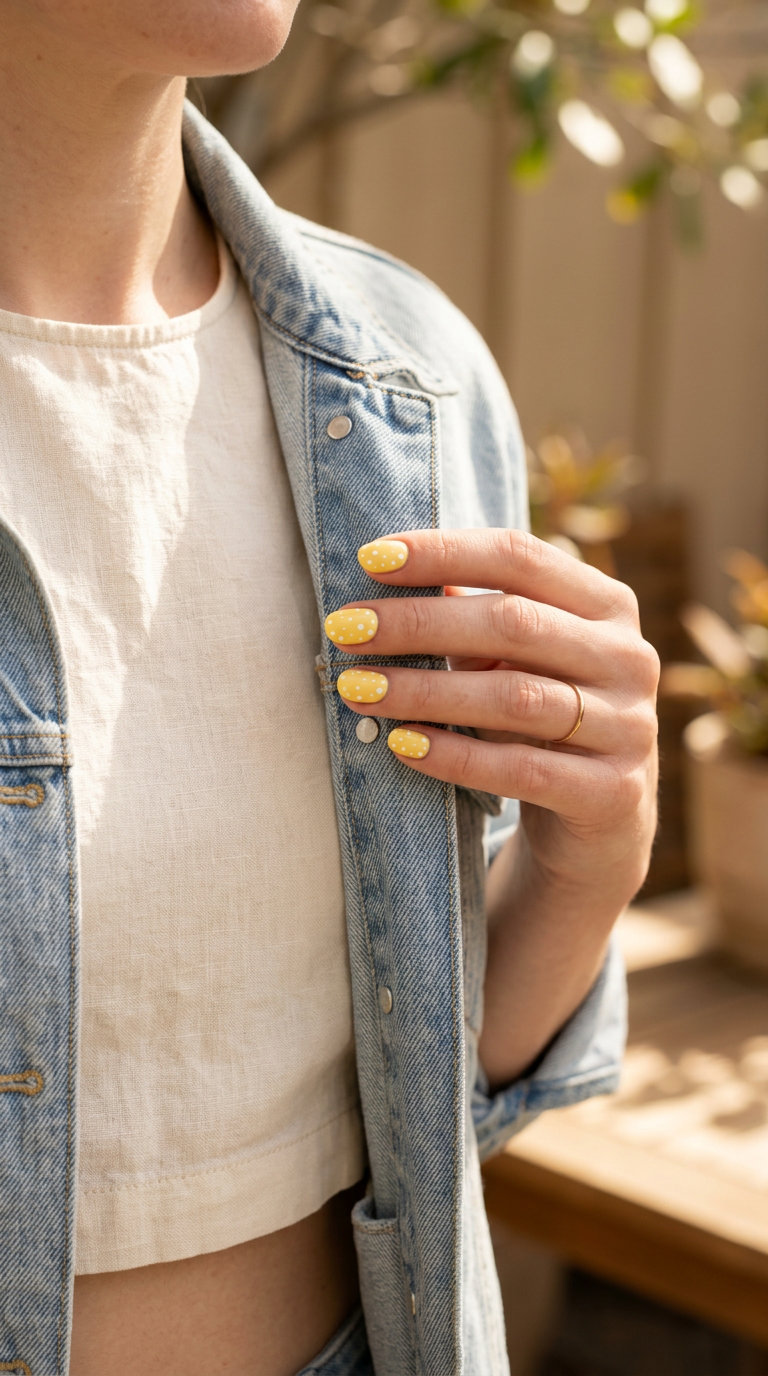 Ditsy Dot Yellow Nails 2026 Ditsy dot butter yellow nails for playful summer vibes nails 2026, ideal for casual weekends and picnics.