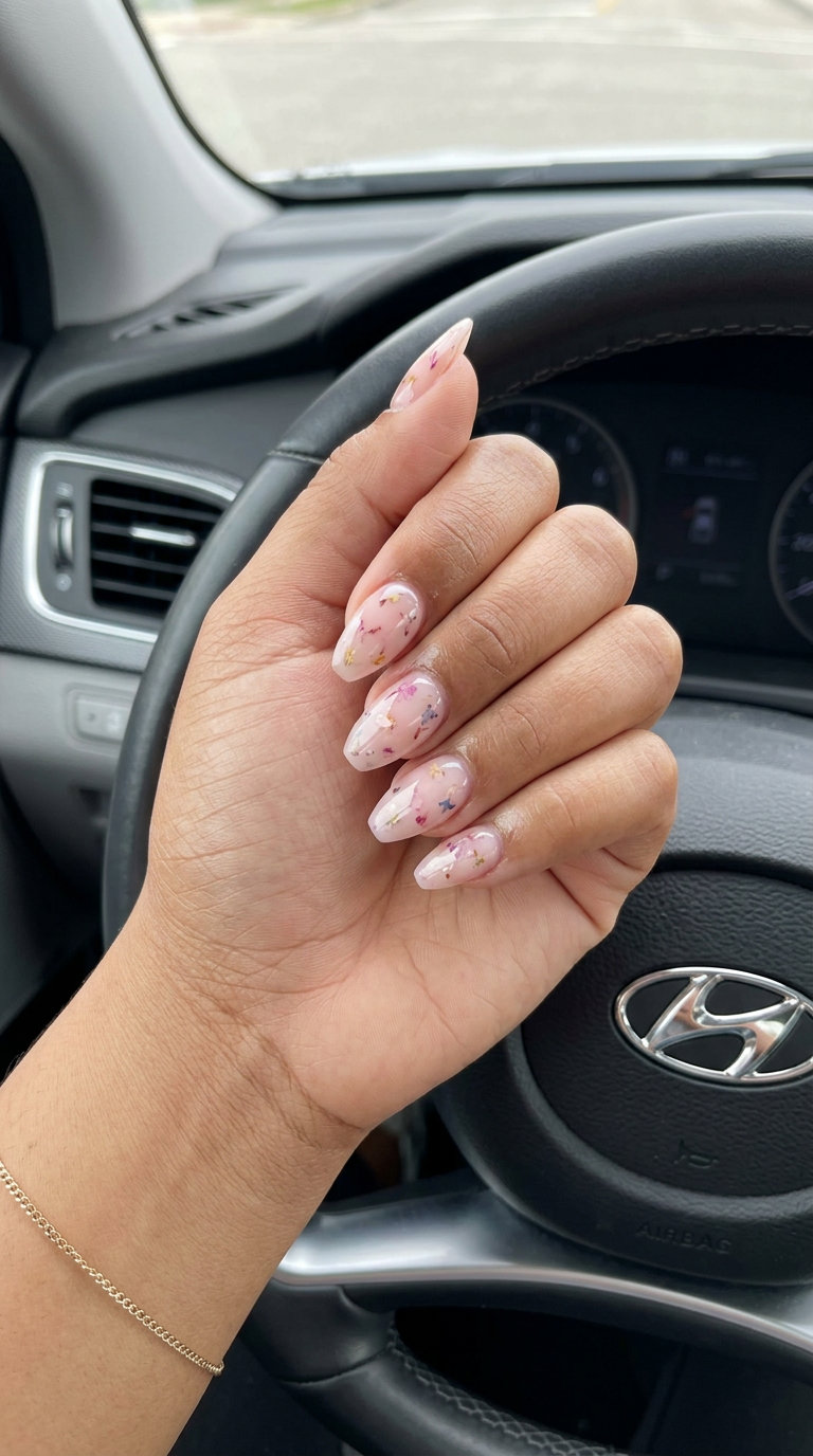 Floral Milk Bath Almond Nails 2026 Floral milk bath almond nails for romantic summer vibes nails 2026, perfect for weddings and garden parties.
