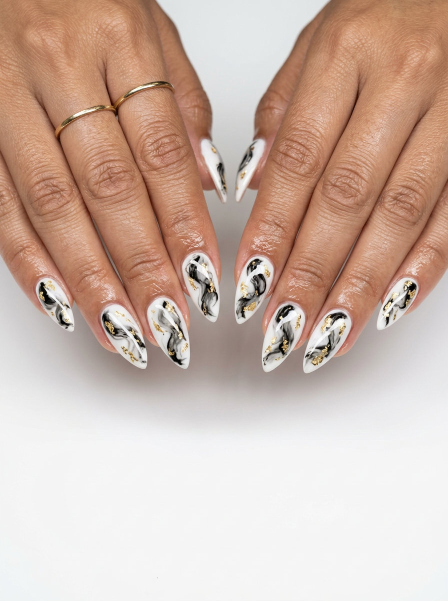 Gilded Marble Stiletto Nails 2026 Gilded Marble Stiletto nails with white, black, grey swirls and gold foil for summer vibes nails 2026.