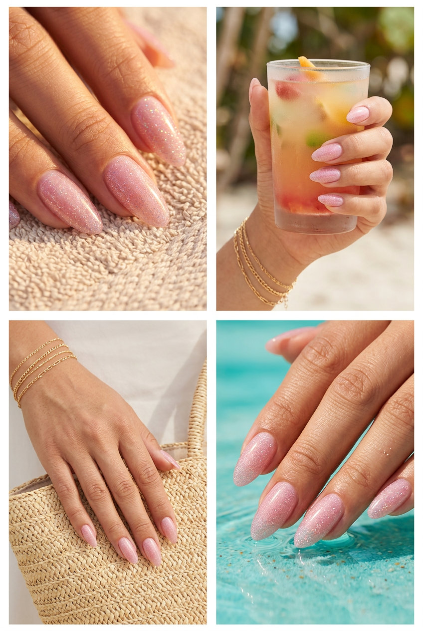 Holographic Pink Almond Nails 2026 Holo dream pink almond nails for romantic summer vibes nails 2026, perfect for date nights and special occasions.