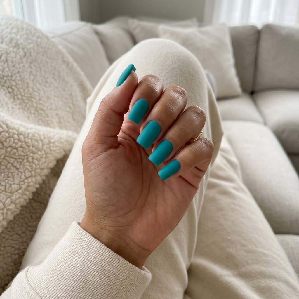 Matte Teal Square Nails 2026 Matte ocean teal square nails for edgy, sophisticated summer vibes nails 2026, perfect for casual outings.