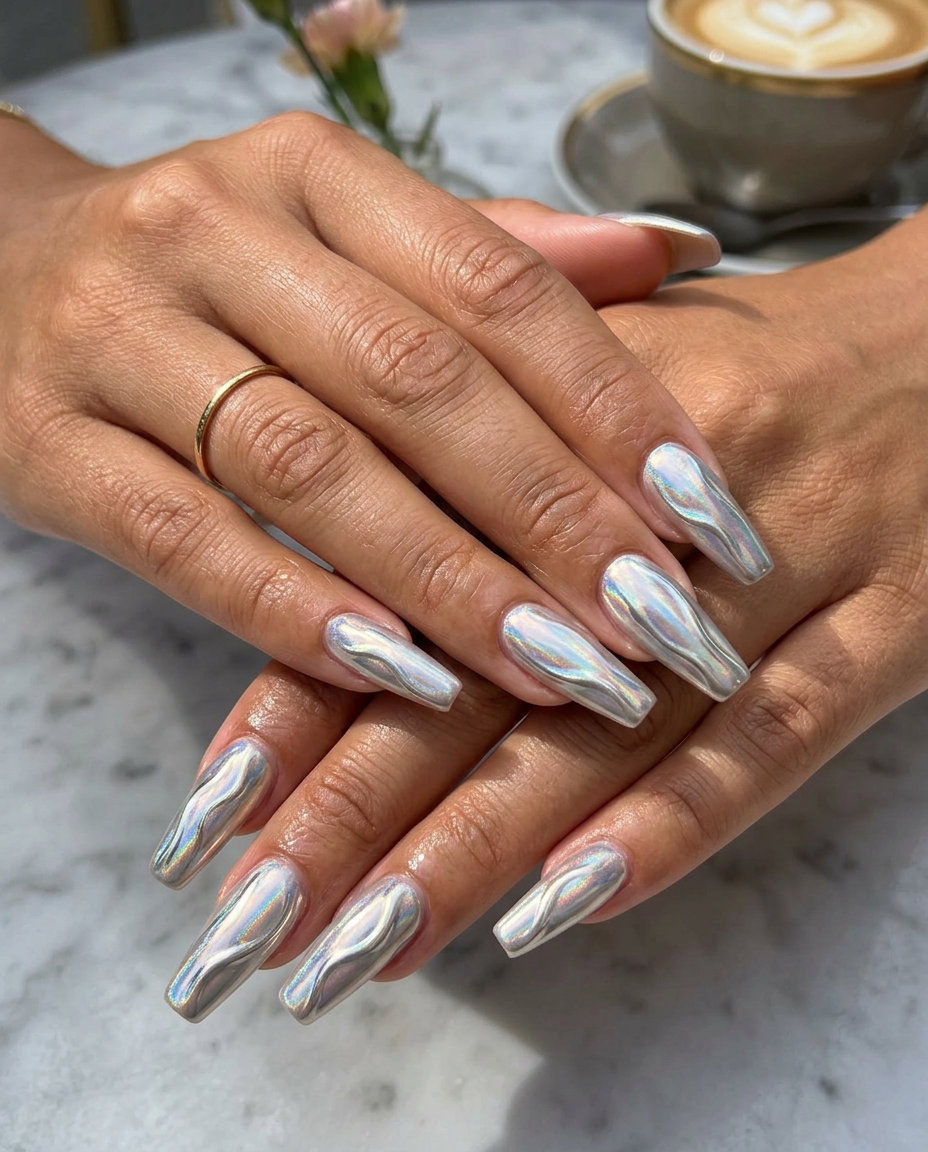 Mermaid Glitter Ombre Coffin Nails 2026 Mermaid Glitter Ombre Coffin nails with deep teal and aqua glitter for summer vibes nails 2026 party.