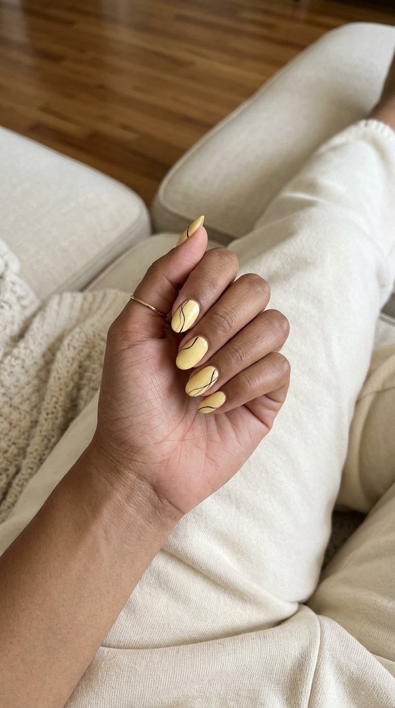 Minimalist Yellow Oval Nails 2026 Minimalist line yellow oval nails, perfect for summer vibes nails 2026, casual weekend, and office wear.