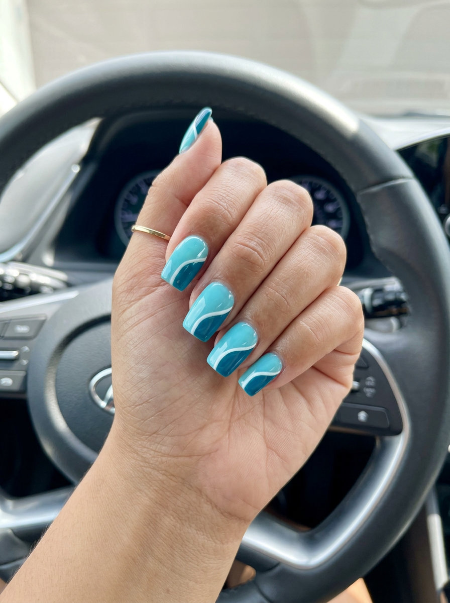 Ocean Blok Square Nails 2026 Ocean Blok Square nails with vibrant aqua, deep teal, and white for summer vibes nails 2026.