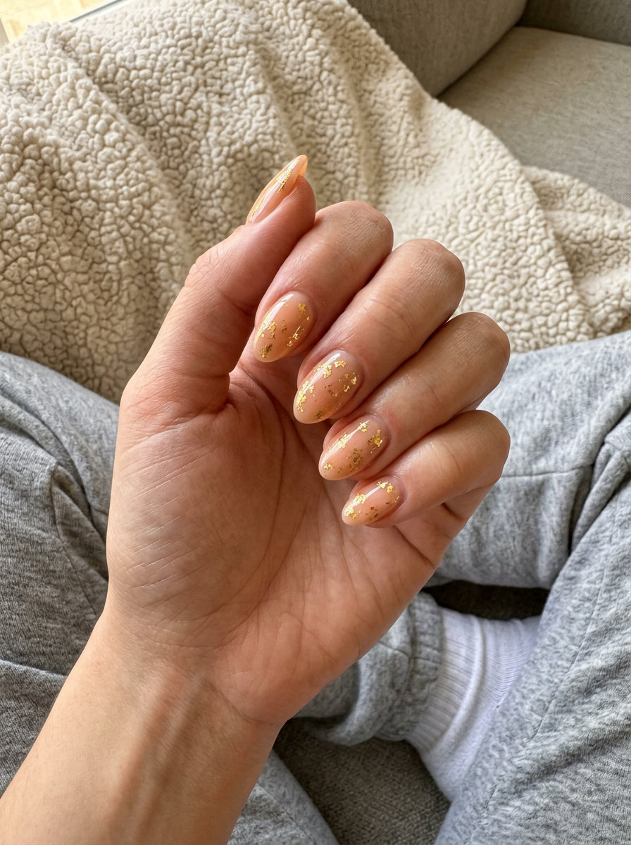 Peach Gold Foil Nails 2026 Golden hour peach foil nails for chic summer vibes nails 2026, ideal for vacations and outdoor events.
