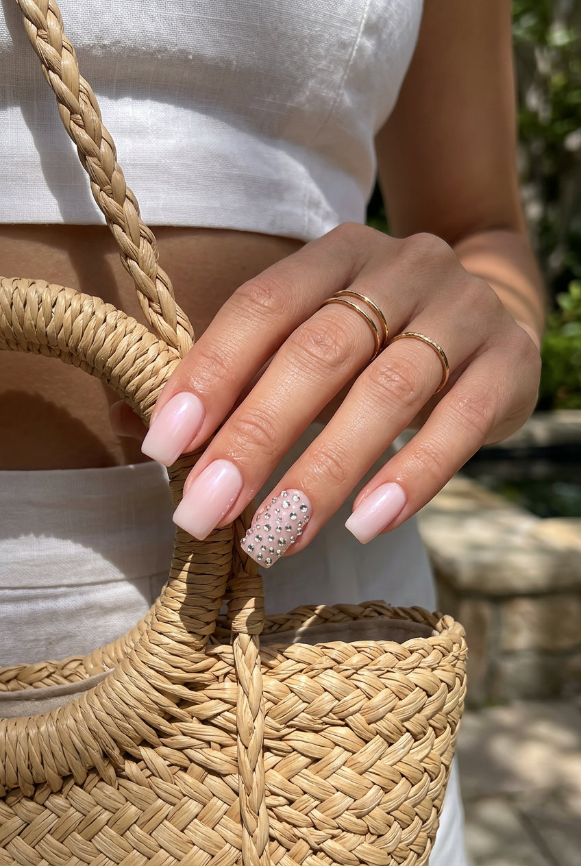 Sparkle Kiss Milky Pink Nails 2026 Sparkle Kiss Milky Pink nails for summer vibes nails 2026. Glamorous opaque milky pink with clear rhinestone accent.