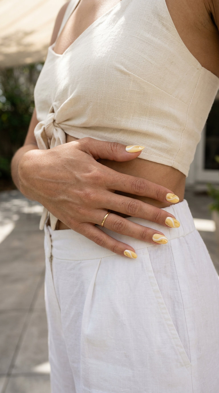 Sunshine Swirl Nails 2026 Sunshine Swirl Milky Oval nails for summer vibes nails 2026. Butter yellow and white swirls with gold accents.