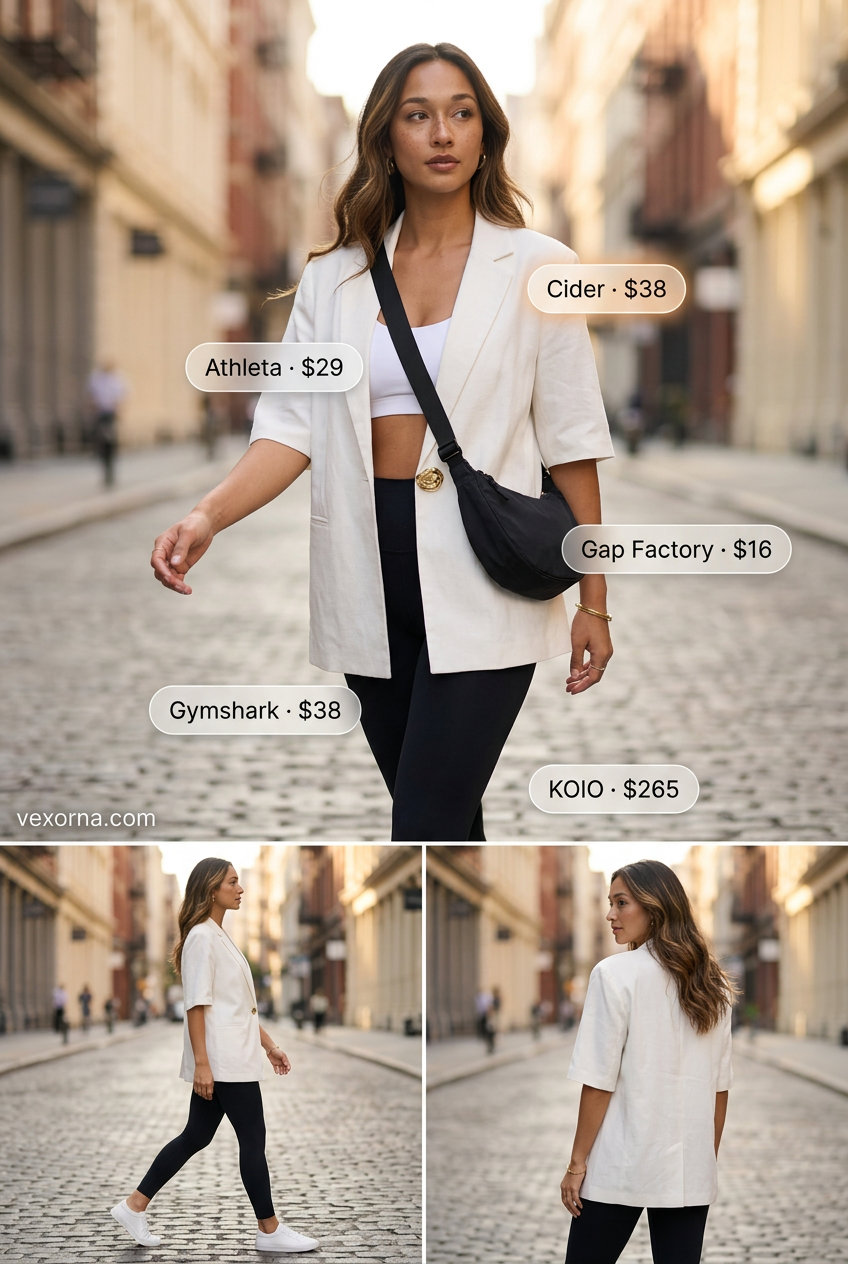 Summer white blazer outfits for women 2026: Athleisure style with white blazer, leggings, sports bra, and sneakers.